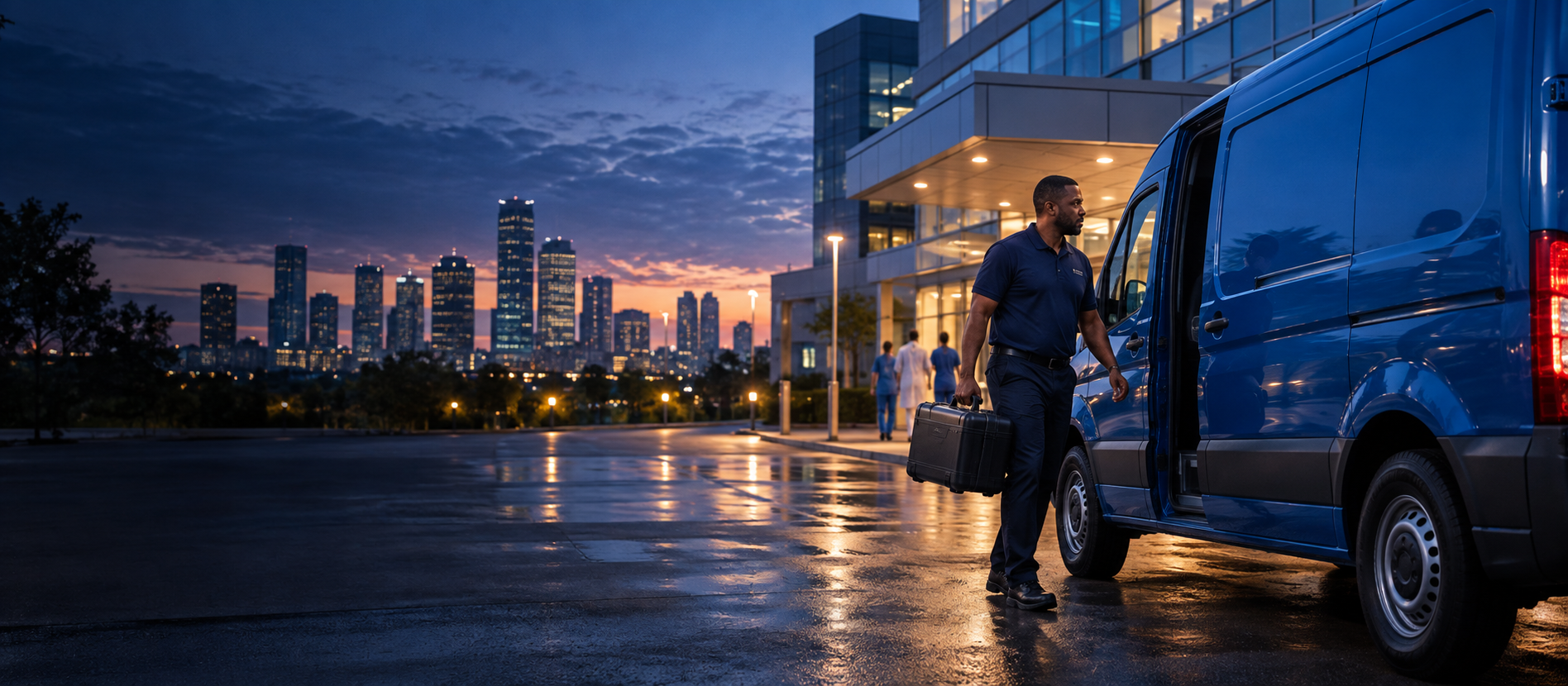 Professional courier loading a secure transport case into a cargo van near Houston's medical district